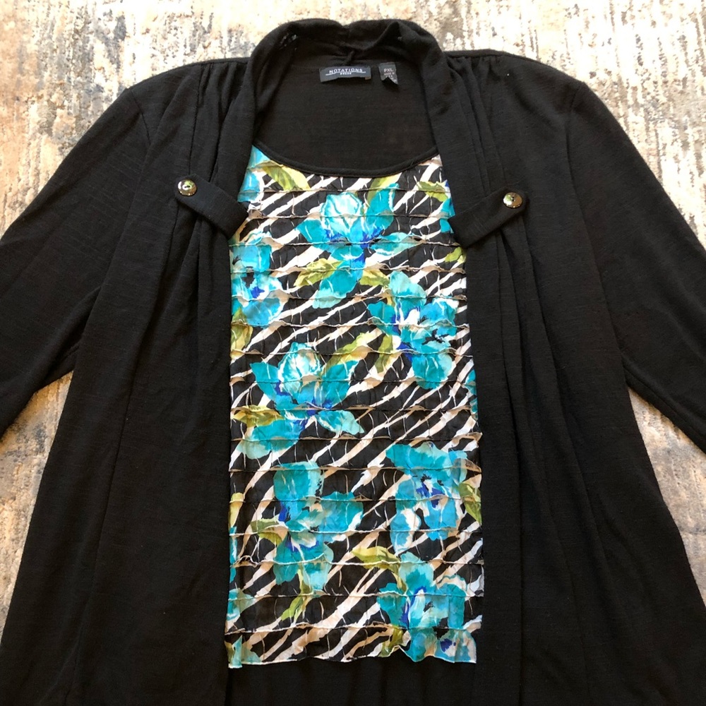 Notations PXL black cardigan w/built in shell turq